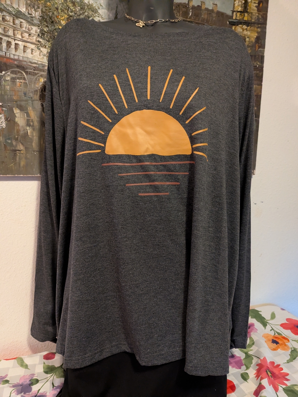 Sunrise Graphic Long-Sleeve Top - Charcoal with Golden Sun